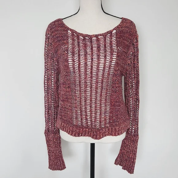 Free People Multicolored Open Knit Sweater Pull On Cropped Pink Red Purple Small - Picture 4 of 14